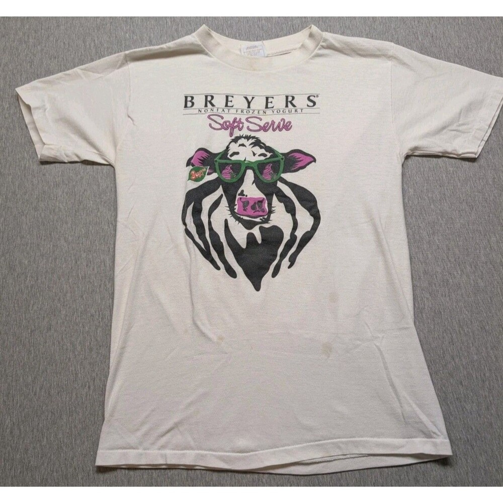 Vintage Breyers Ice Cream Yogurt Shirt Mens L White Cow Soft Serve Single Stitch
